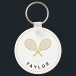 Tennis Chic Player Gift Black and Gold Custom Keychain<br><div class="desc">The tennis player or fan in your life will love this personalized tennis themed black and gold key chain featuring gold tennis racquets. Makes a wonderful gift for birthdays, the holidays, Mother's Day or as party favors. Part of a collection from Parcel Studios. *Note: The gold in this product is...</div>