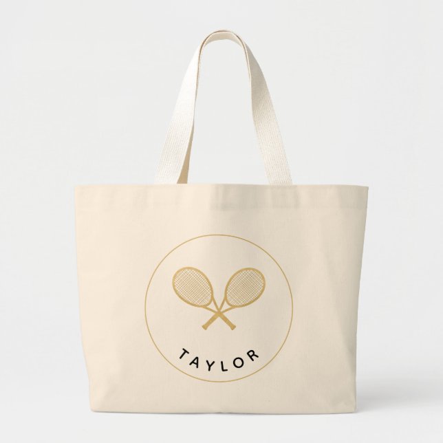 Tennis Chic Player Gift Black and Gold Custom Large Tote Bag (Front)