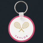 Tennis Chic Player Gift Pink and Gold Custom Keychain<br><div class="desc">The tennis player or fan in your life will love this personalized tennis themed pink and gold key chain featuring gold tennis racquets. Makes a wonderful gift for birthdays, the holidays, Mother's Day or as party favors. Part of a collection from Parcel Studios. *Note: The gold in this product is...</div>