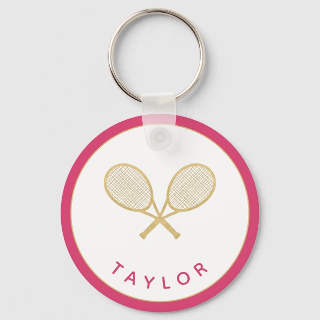 Tennis Chic Player Gift Pink and Gold Custom Keychain (Front)