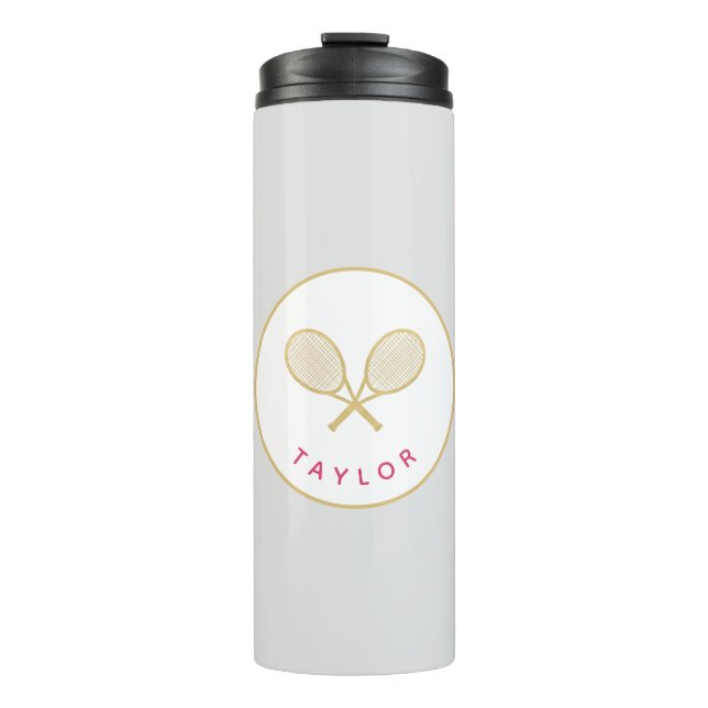Tennis Chic Player Gift Pink and Gold Custom Thermal Tumbler (Front)