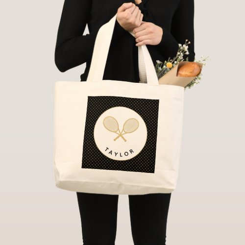 Tennis Chic Sports Gift Black and Gold Custom Large Tote Bag