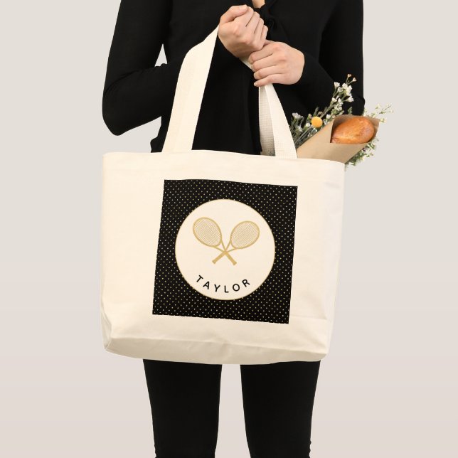 Tennis Chic Sports Gift Black and Gold Custom Large Tote Bag (Front (Product))