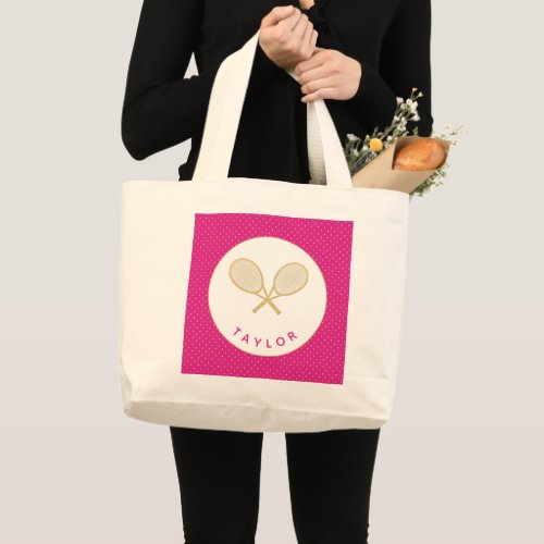 Tennis Chic Sports Gift Pink and Gold Custom Large Tote Bag