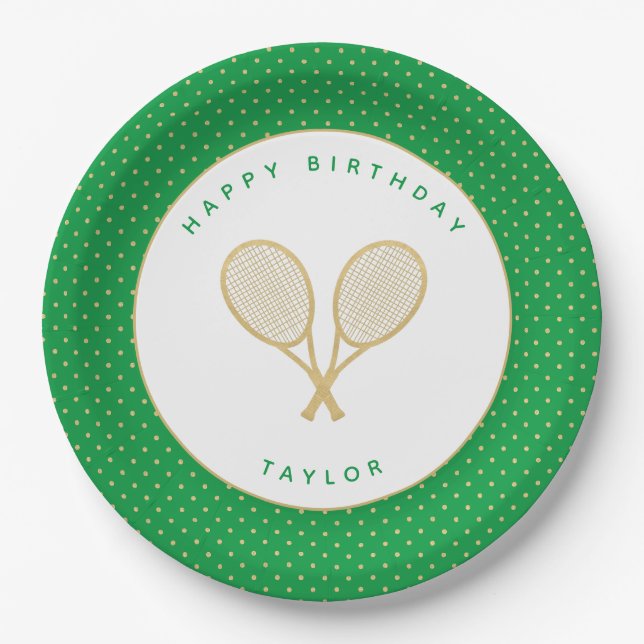 Tennis Chic Sports Themed Green and Gold Paper Plates (Front)