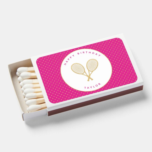 Tennis Chic Sports Themed Pink and Gold Custom Matchboxes (Front Open)