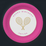 Tennis Chic Sports Themed Pink and Gold Paper Plates<br><div class="desc">The tennis player or fan in your life will love these tennis themed pink and gold plates featuring gold tennis racquets. Part of a collection from Parcel Studios. *Note: The gold in this product is faux. No real gold foil will be used in manufacturing this product.</div>