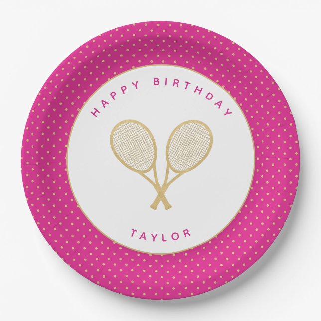 Tennis Chic Sports Themed Pink and Gold Paper Plates (Front)