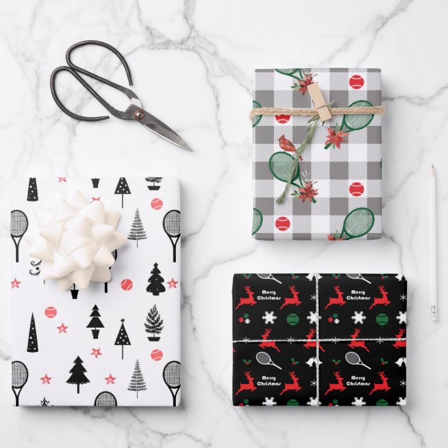 🎾Tennis Christmas, black and white pattern Wrapping Paper Sheets (Front)