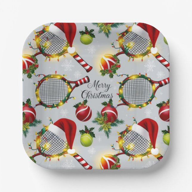 Tennis Christmas  Festive Racquets and Ball  Paper Plates (Front)