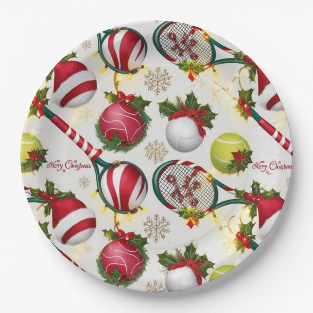 Tennis Christmas  Festive Racquets and Ball  Paper Plates (Front)