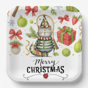 Tennis Christmas for Player who loves Cat Paper Plates