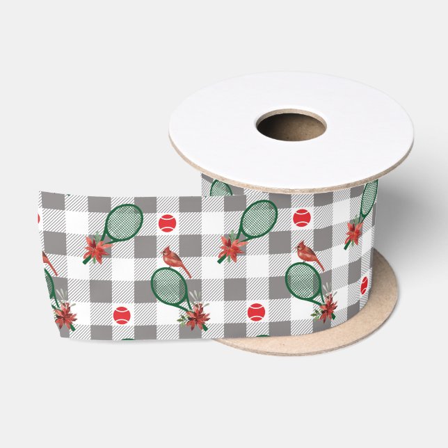 Tennis Christmas, grey - white buffalo plaid  Satin Ribbon (Spool)