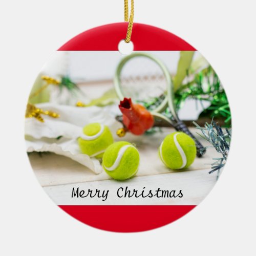 Tennis Christmas Holiday Card with ball and Racket Ceramic Ornament