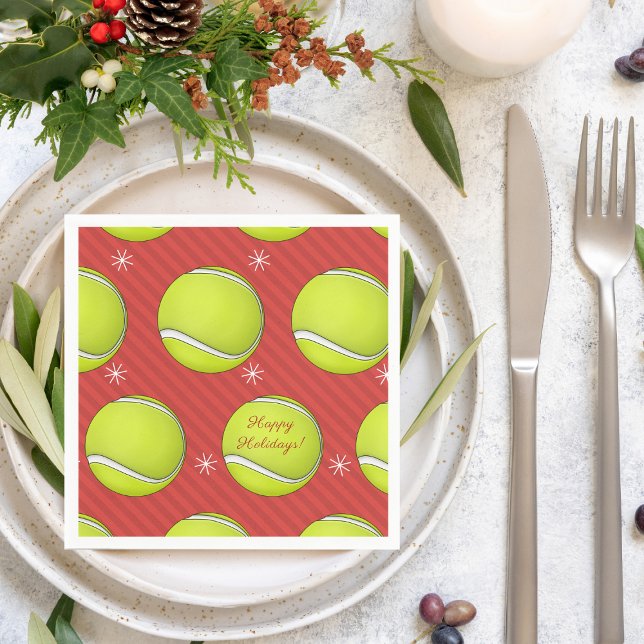 Tennis Christmas Party Red Festive Balls & Snow Napkins (Creator Uploaded)