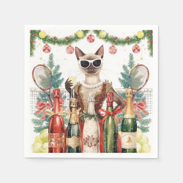 Tennis Christmas Party with Cat Players  Napkins (Front)