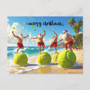 Tennis Christmas Summer with Santa Claus at beach  Holiday Postcard