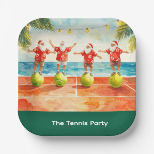 Tennis Christmas Summer with Santa Claus at beach Paper Plates