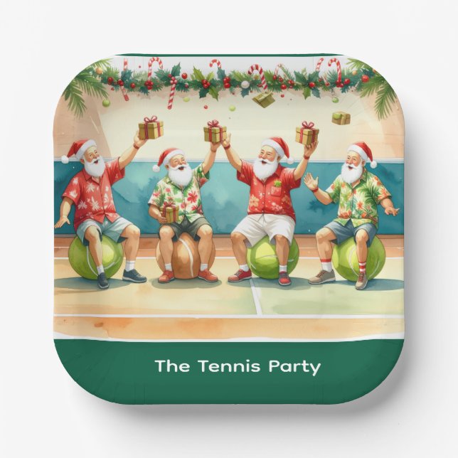Tennis Christmas Summer with Santa Claus at beach  Paper Plates (Front)
