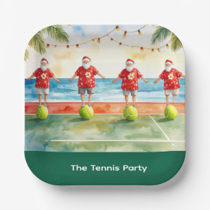 Tennis Christmas Summer with Santa Claus at beach Paper Plates