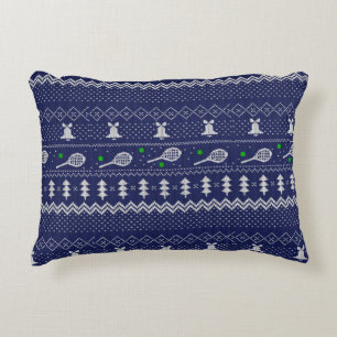 Tennis Christmas Sweater Knitted Pattern Blue Accent Pillow