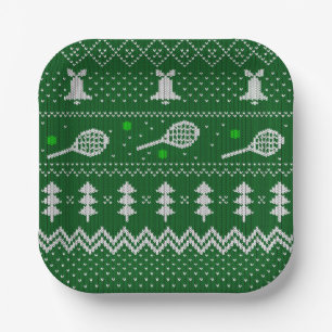 Tennis Christmas Sweater Knitted Pattern Green Paper Plates