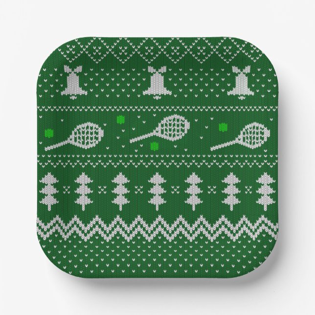 Tennis Christmas Sweater Knitted Pattern Green Paper Plates (Front)