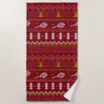 Tennis Christmas Sweater Knitted Pattern Red Xmas  Beach Towel<br><div class="desc">Warm and cozy winter days and nights illustration design, featuring classic knitted funny ugly Christmas sweater with tennis rackets and green tennis balls, jingle bells, fir trees, and snowflakes. Minimalistic Xmas sweater pattern festive design in light blue and white for tennis players. Tennis Christmas pattern sweater. Tennis Xmas design. Scandi...</div>