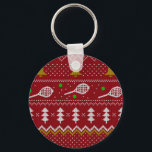 Tennis Christmas Sweater Knitted Pattern Red Xmas Keychain<br><div class="desc">Warm and cozy winter days and nights illustration design, featuring classic knitted funny ugly Christmas sweater with tennis rackets and green tennis balls, jingle bells, fir trees, and snowflakes. Minimalistic Xmas sweater pattern festive design in light blue and white for tennis players. Tennis Christmas pattern sweater. Tennis Xmas design. Scandi...</div>