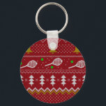 Tennis Christmas Sweater Knitted Pattern Red Xmas Keychain<br><div class="desc">Warm and cozy winter days and nights illustration design, featuring classic knitted funny ugly Christmas sweater with tennis rackets and green tennis balls, jingle bells, fir trees, and snowflakes. Minimalistic Xmas sweater pattern festive design in light blue and white for tennis players. Tennis Christmas pattern sweater. Tennis Xmas design. Scandi...</div>