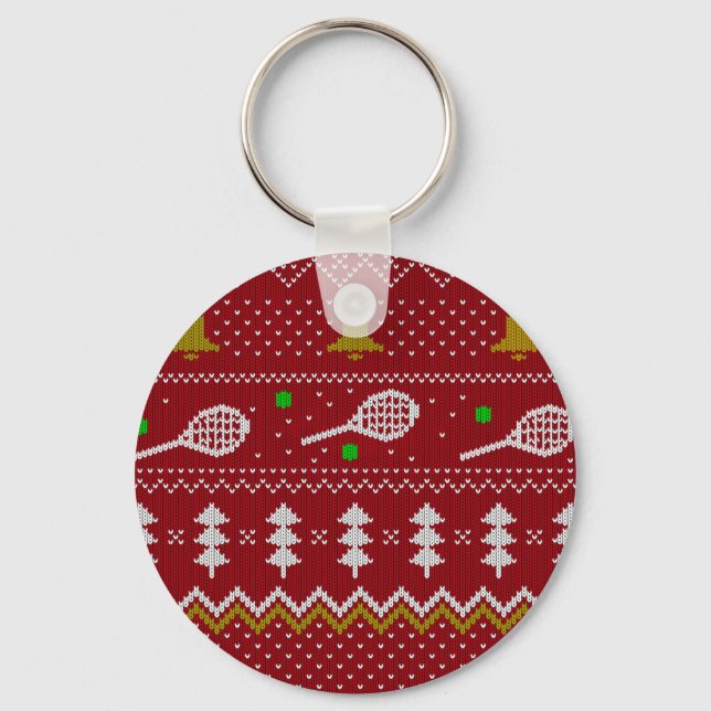Tennis Christmas Sweater Knitted Pattern Red Xmas Keychain (Front)