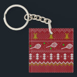 Tennis Christmas Sweater Knitted Pattern Red Xmas Keychain<br><div class="desc">Warm and cozy winter days and nights illustration design, featuring classic knitted funny ugly Christmas sweater with tennis rackets and green tennis balls, jingle bells, fir trees, and snowflakes. Minimalistic Xmas sweater pattern festive design in light blue and white for tennis players. Tennis Christmas pattern sweater. Tennis Xmas design. Scandi...</div>