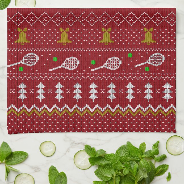 Tennis Christmas Sweater Knitted Pattern Red Xmas Kitchen Towel (Folded)