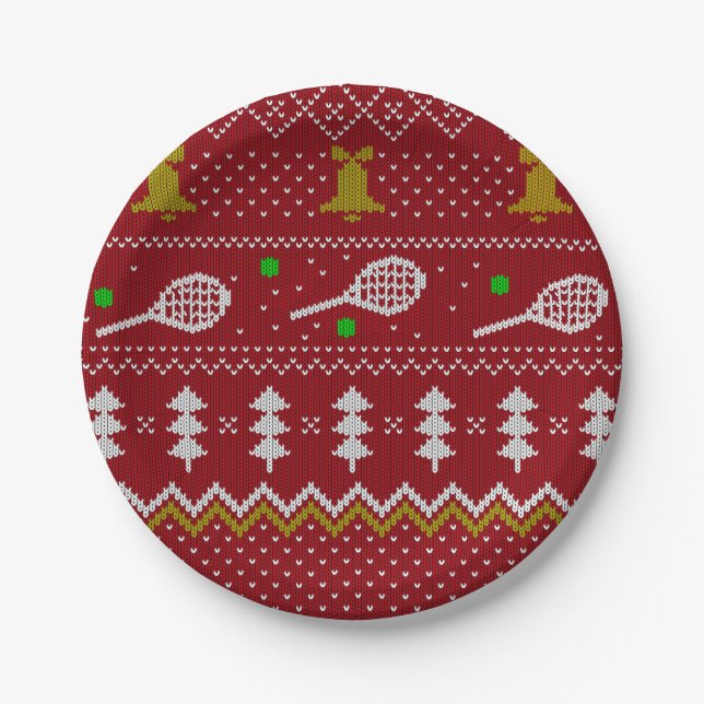 Tennis Christmas Sweater Knitted Pattern Red Xmas  Paper Plates (Front)