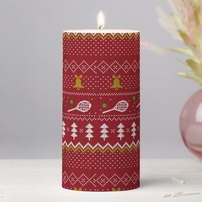 Tennis Christmas Sweater Knitted Pattern Red Xmas  Pillar Candle (In Situ)