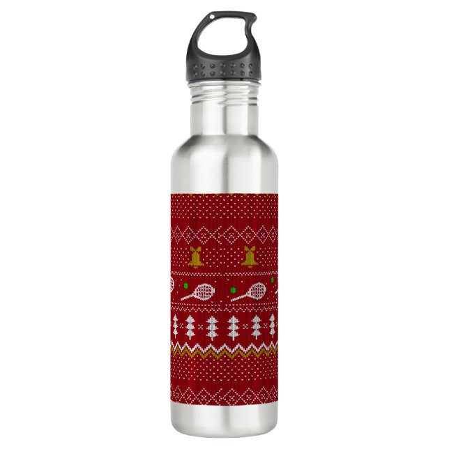 Tennis Christmas Sweater Knitted Pattern Red Xmas  Stainless Steel Water Bottle (Front)
