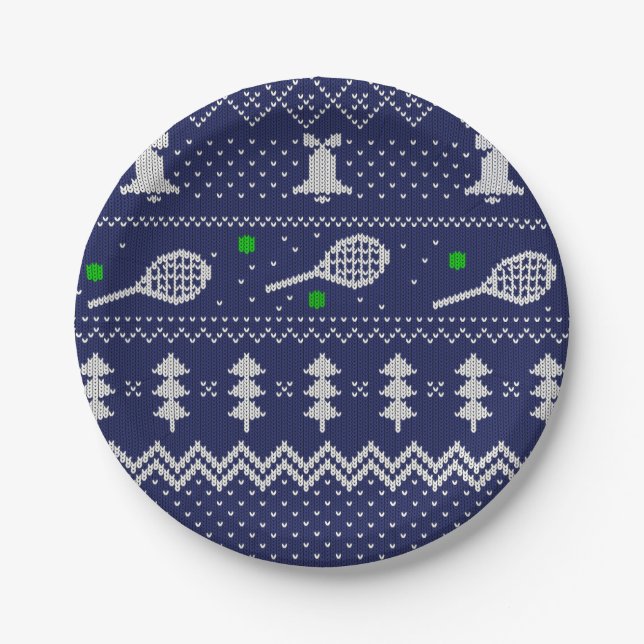 Tennis Christmas Sweater Knitted Pattern Scandi    Paper Plates (Front)