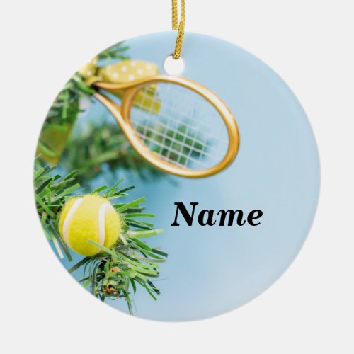 Tennis Christmas tennis ball and racket on tree Ceramic Ornament