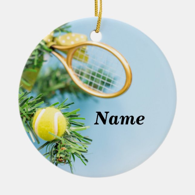 Tennis Christmas tennis ball and racket on tree Ceramic Ornament (Front)