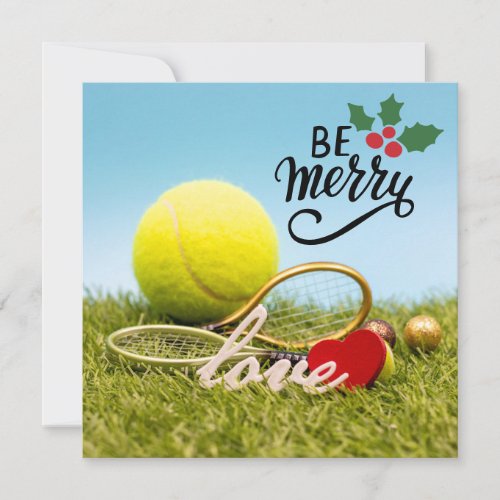 Tennis Christmas tennis ball and racket with love  Holiday Card