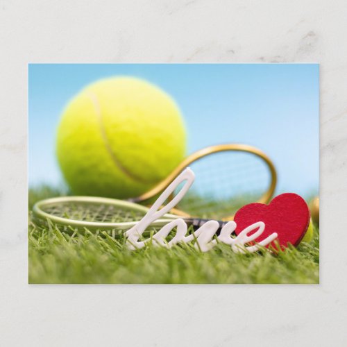 Tennis Christmas tennis ball and racket with love Holiday Postcard