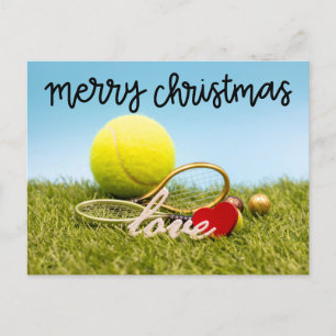 Tennis Christmas tennis ball and racket with love Holiday Postcard