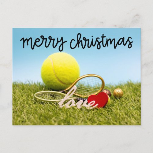 Tennis Christmas tennis ball and racket with love  Holiday Postcard