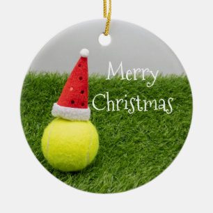 Tennis Christmas & tennis ball and Santa hat Ceramic Ornament