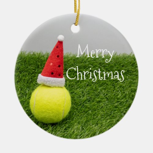 Tennis Christmas  tennis ball and Santa hat Ceramic Ornament