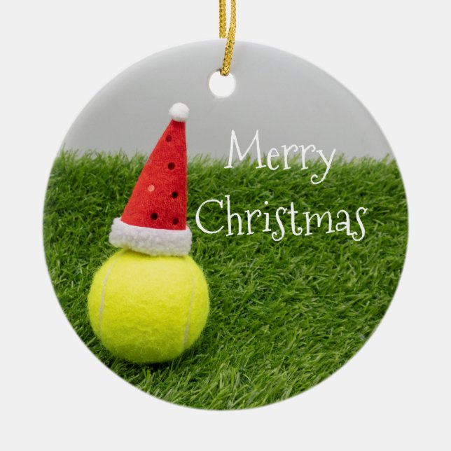 Tennis Christmas & tennis ball and Santa hat Ceramic Ornament (Front)