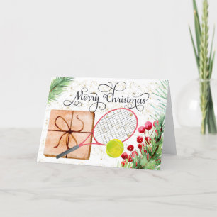 Tennis Christmas tennis ball Racket watercolor Holiday Card