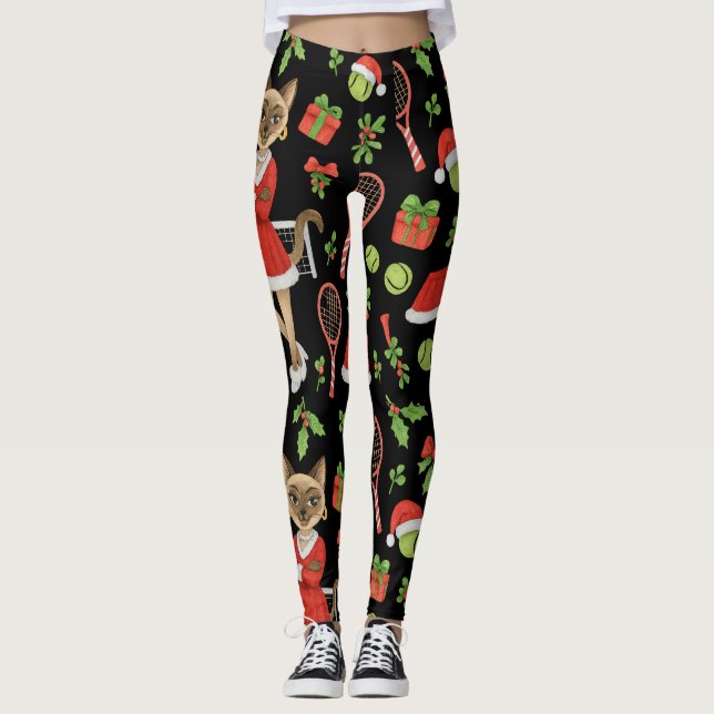 Tennis Christmas themed fir Siamese cat Lovers  Leggings (Front)