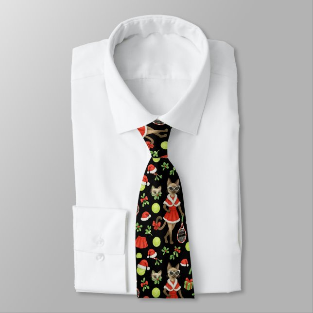 Tennis Christmas themed fir Siamese cat Lovers  Neck Tie (Tied)