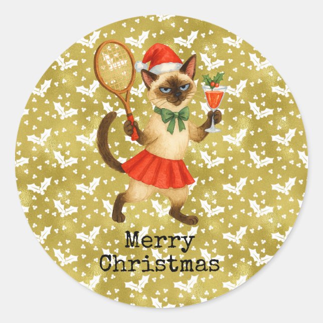 Tennis Christmas themed for Cat lovers  Classic Round Sticker (Front)